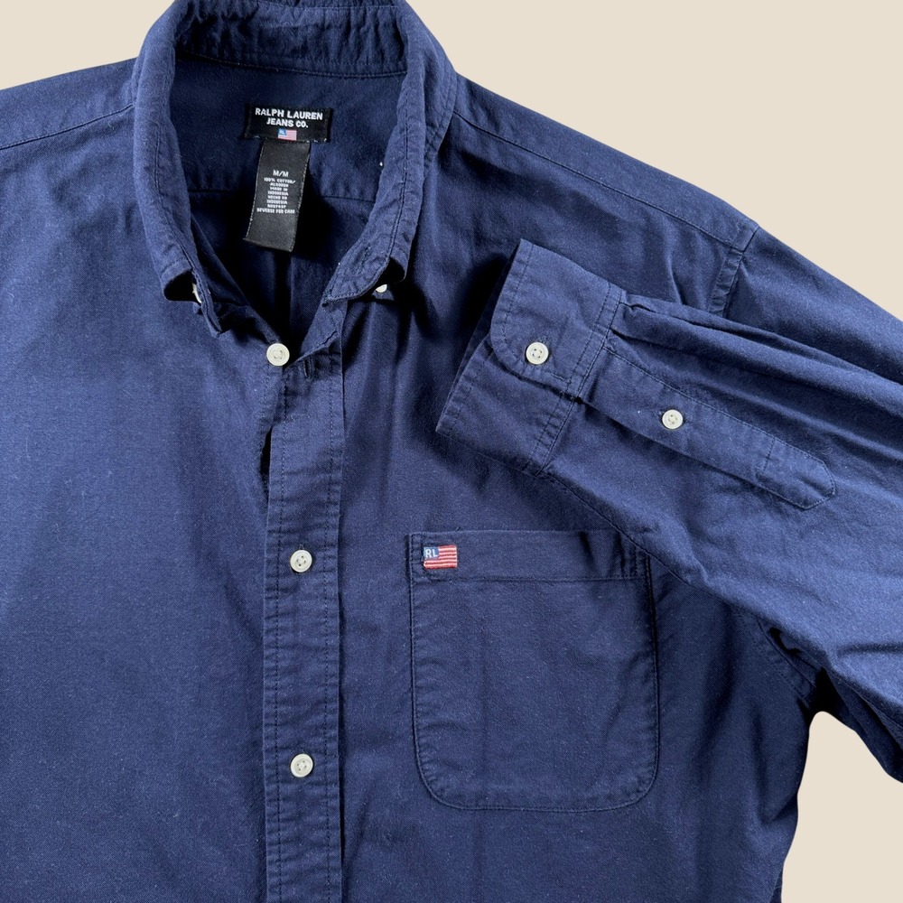 Ralph Lauren Jeans Co Button Down Men M Navy Blue Cotton Flag Patch Shirt